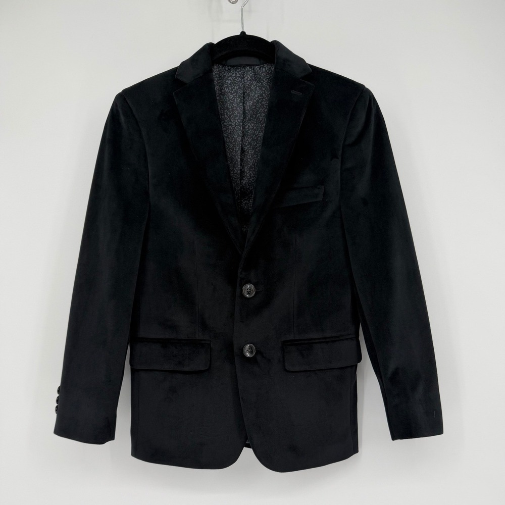 Tallia Boys Black Velvet Blazer Floral Lining Two Button Formal Sport Coat